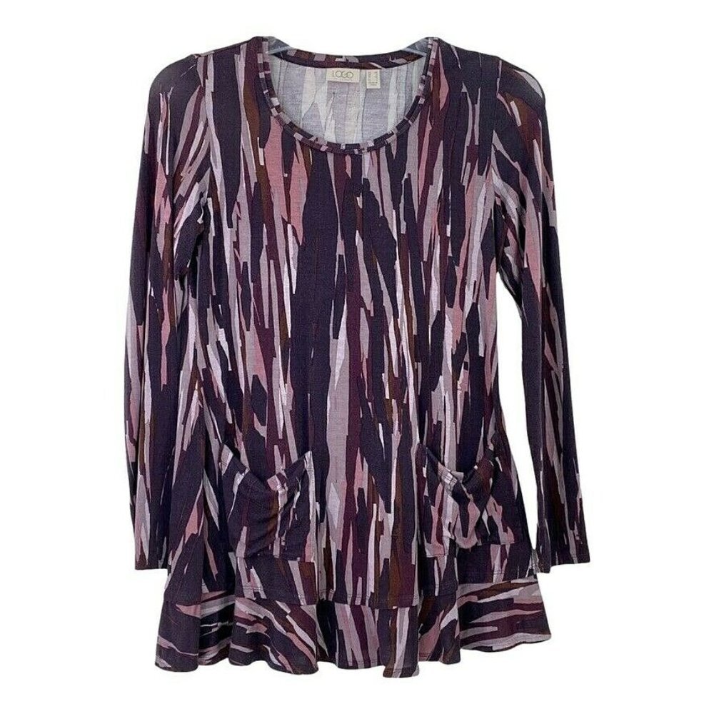 LOGO by Lori Goldstein Stretch Knit Tunic Top Pockets Purple Long Sleeve Sz XS